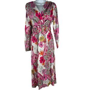 Vintage-Inspired Womens Floral Long-Sleeve Dress With Belt Medium Pink & White